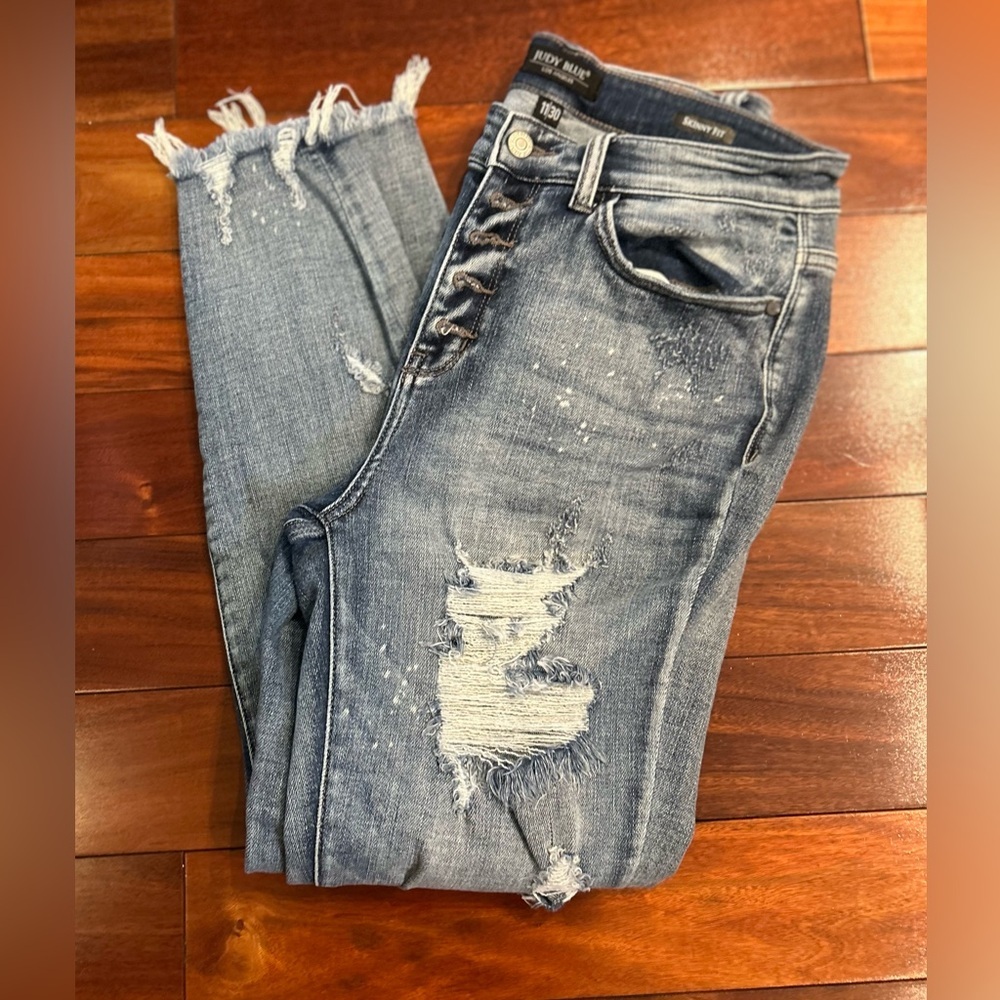 Judy Blue Distressed Skinny Jeans High Rise Stretch Frayed Hem-Women’s - Picture 8 of 11